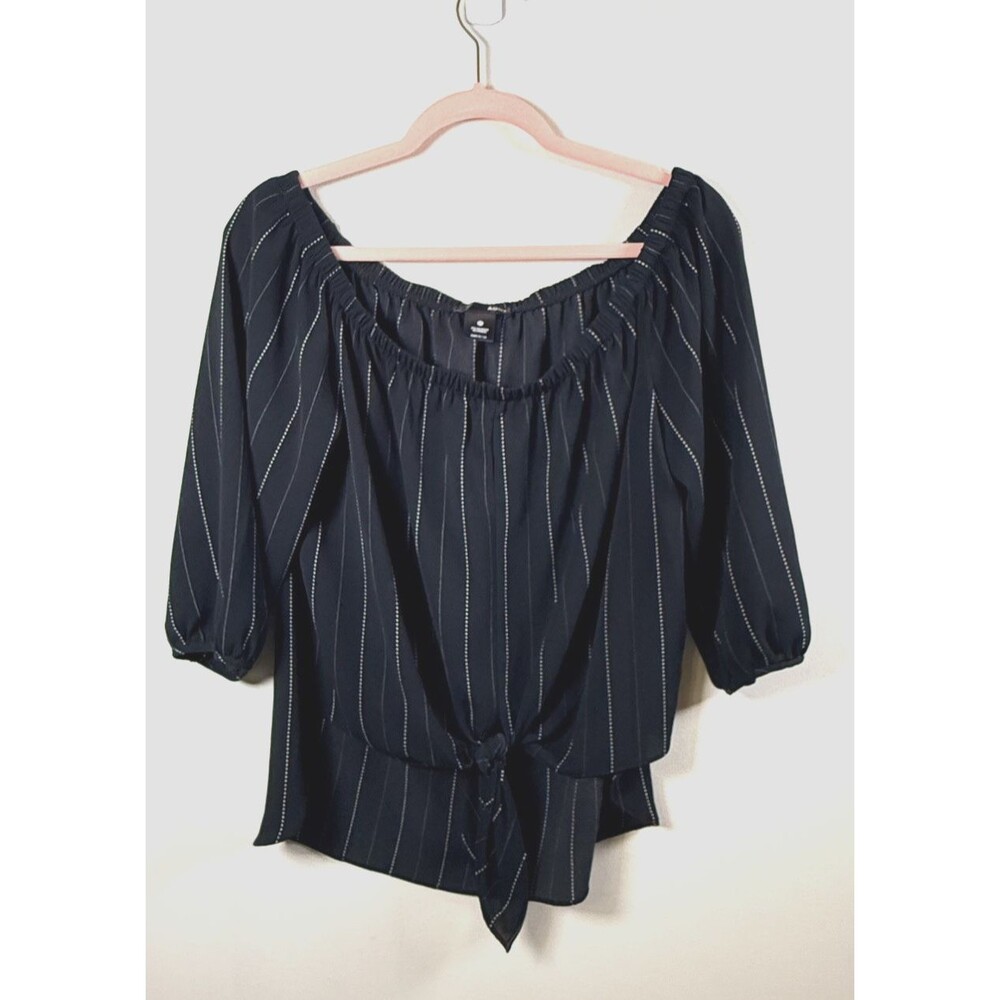 Aqua Womens Black/White Pinstripe Off Shoulder Tie Front Blouse - M